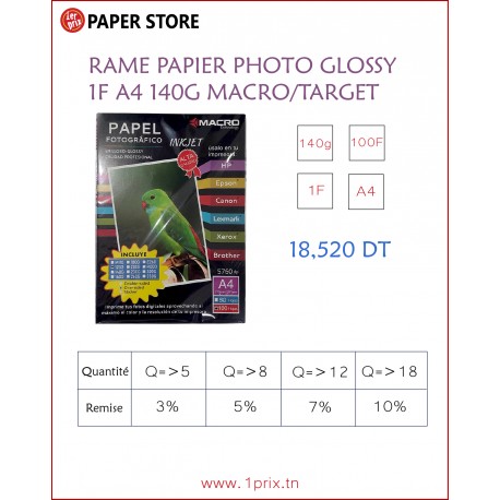RAME PAPIER PHOTO GLOSSY 1F A4 140G DE 100 F MACRO/TARGET