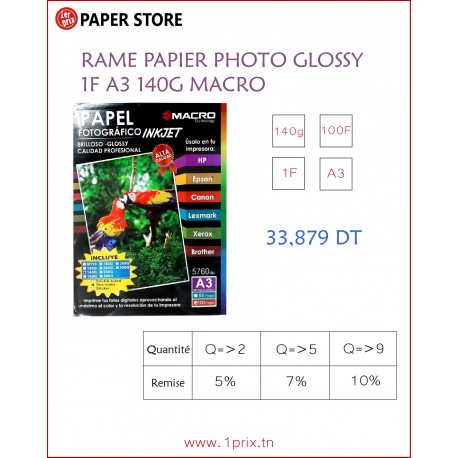 RAME PAPIER PHOTO GLOSSY 1F A3 140G DE 100 F