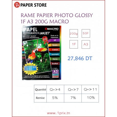 RAME PAPIER PHOTO GLOSSY 1F A3 200G DE 50 F