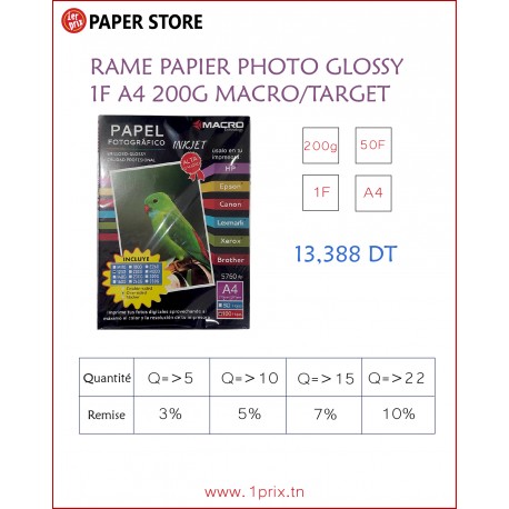 RAME PAPIER PHOTO GLOSSY 1F A4 200G DE 50 F MACRO/TARGET